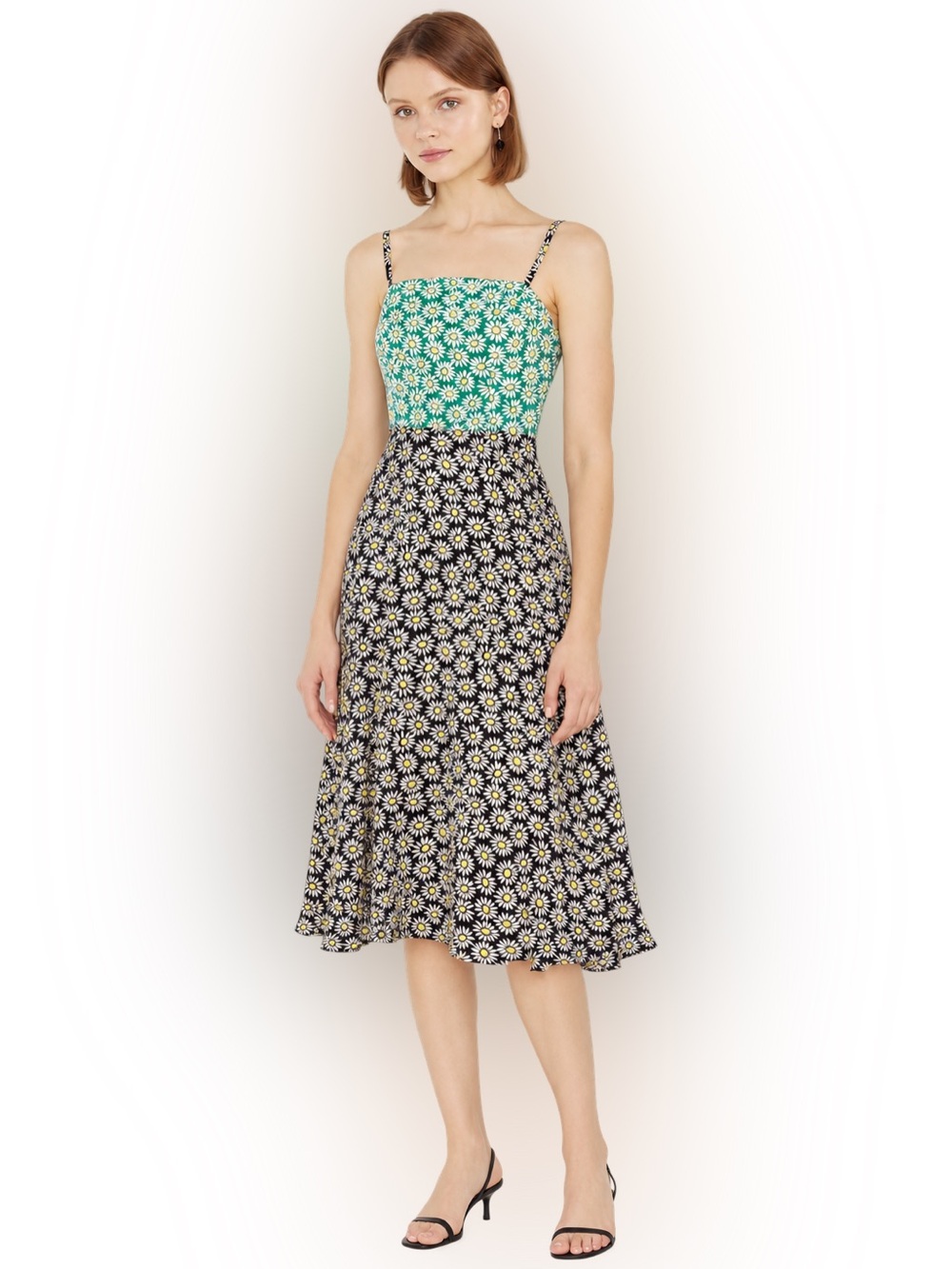 HVN Nora Mixed Daisy Print Silk Midi Dress size 8